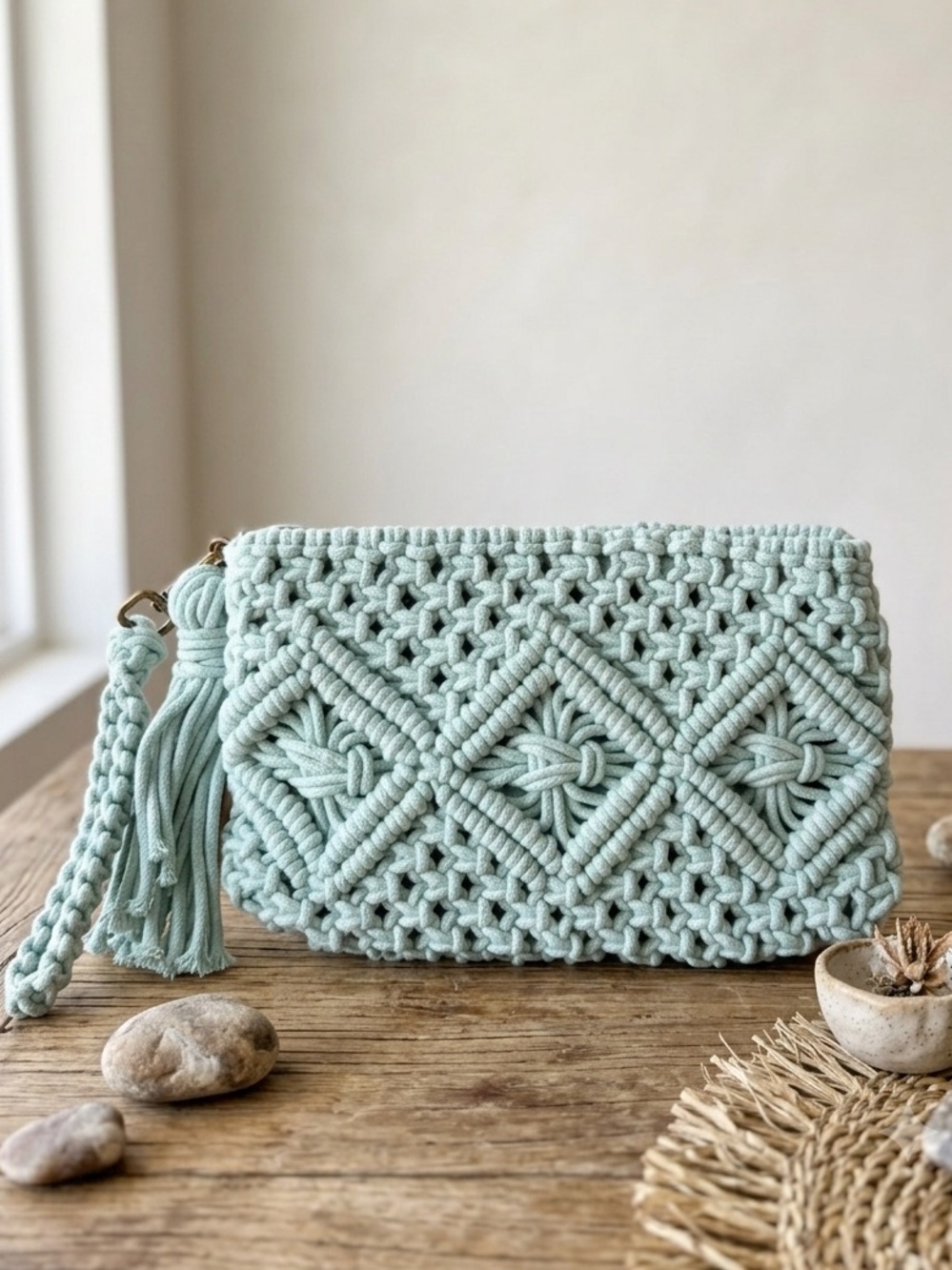 London Kaye Macrame Zippered Wristlet Clutch Bag w/ Tassel Handmade Pastel Green